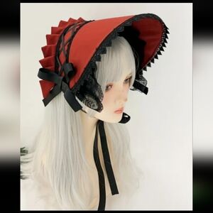 Red Lace-Trim Victorian Bonnet with Black Ribbon Details